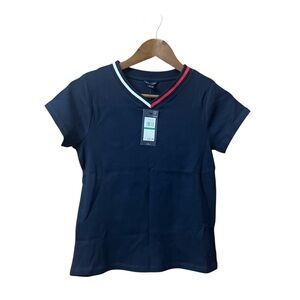 NWT Tommy Hilfiger Navy L Blue Girl Tee V-Neck Signature Tri Color Uniform Shirt